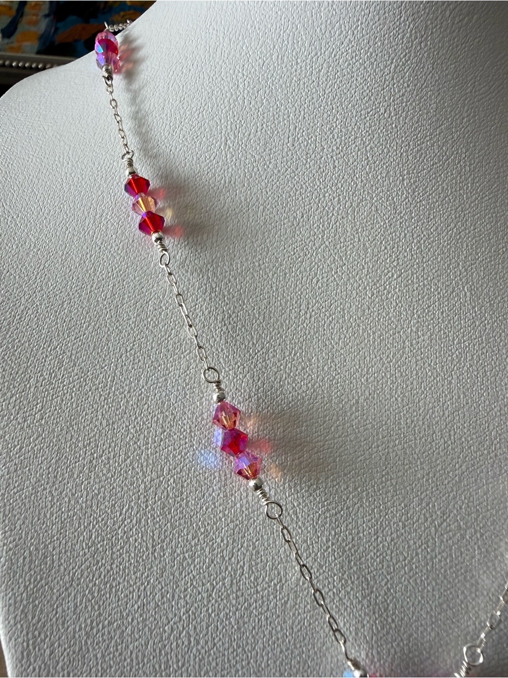 Handmade Sterling Silver Filigree Necklace with Pink Swarovski Crystals - Picture 3 of 4